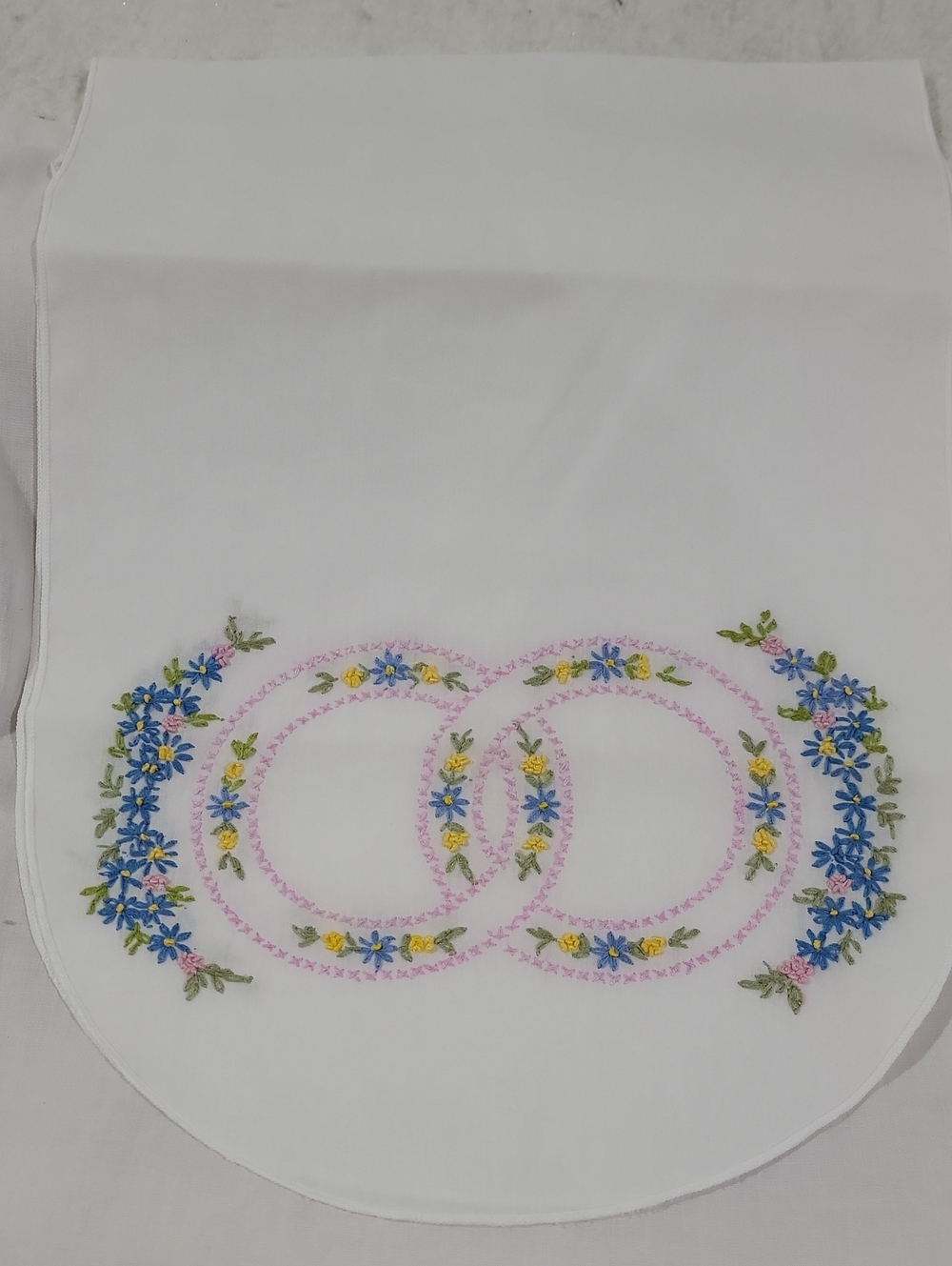 Vintage Hand-Made Embroidered Floral White Table Runner with Pink Ring Motif